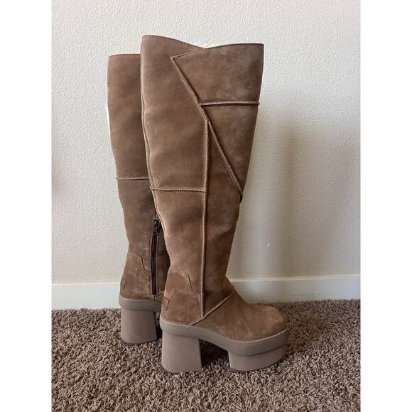NEW UGG Heights Platform Xtra Tall Boots 8 Chestnut Suede Shearling Chunky Heel - Picture 12 of 12